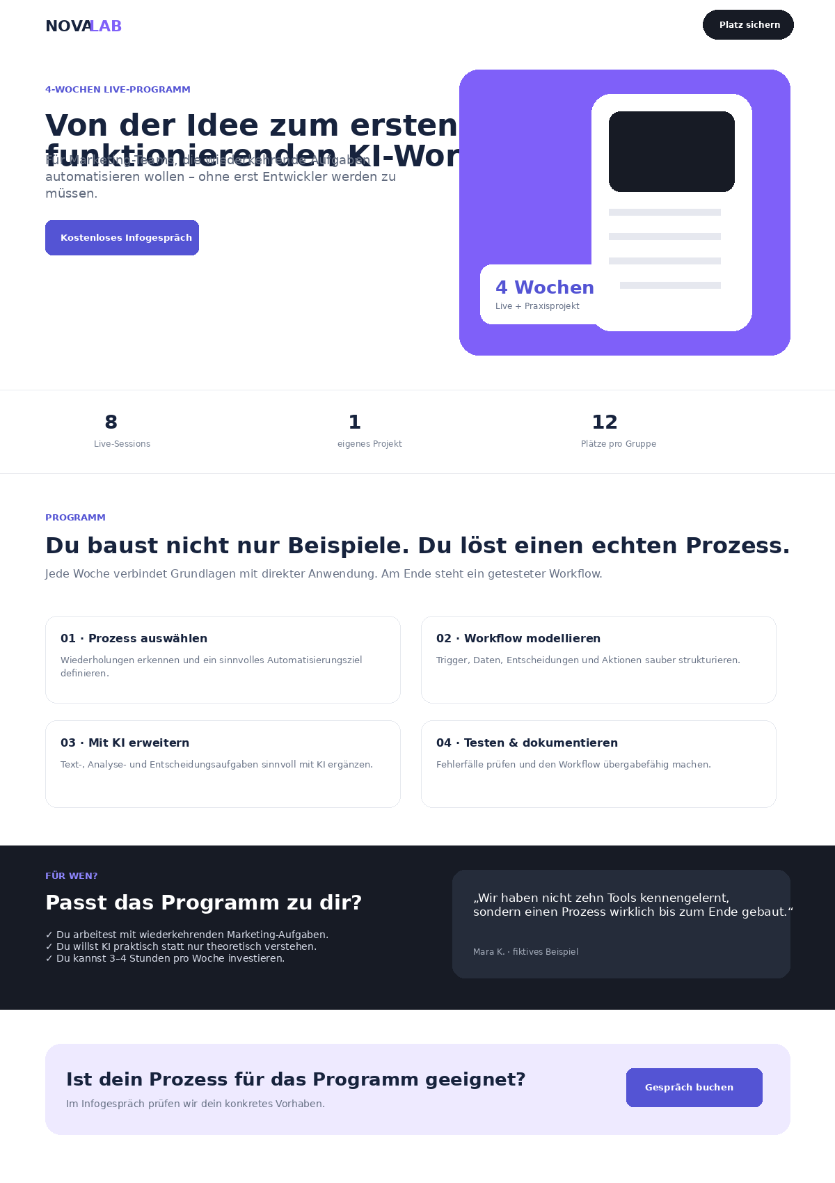 Fiktives vollständiges Landingpage-Beispiel für ein Weiterbildungsangebot mit Hero, Kennzahlen, Programm, Zielgruppenabschnitt, Social Proof und CTA