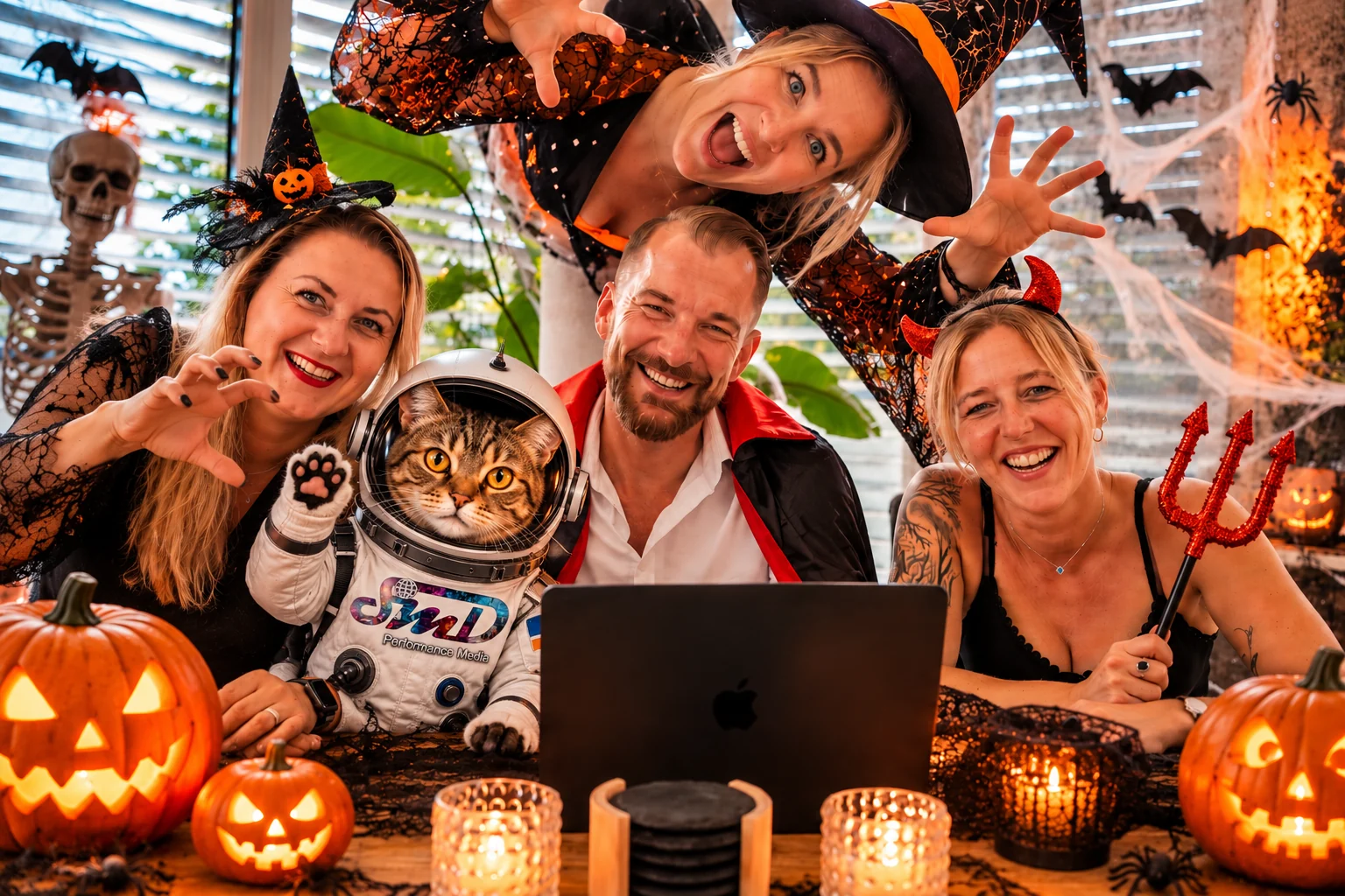 Das SMD-Team feiert Halloween mit einer Astronautenkatze, Kürbissen und Kostümen